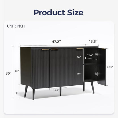 47.2" Buffet Cabinet with 4 Doors, Accent Sideboard Cabinet with Adjustable Shelf, Dining Room Sideboard with Waveform Panel, Credenzas for Living Room, Hallway, Black