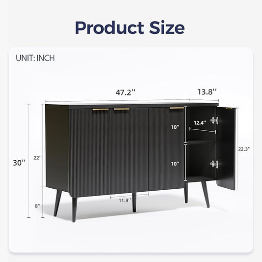 47.2" Buffet Cabinet with 4 Doors, Accent Sideboard Cabinet with Adjustable Shelf, Dining Room Sideboard with Waveform Panel, Credenzas for Living Room, Hallway, Black