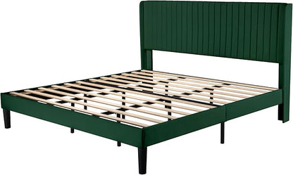 Allewie King Size Bed Frame/Velvet Upholstered Platform Bed/Vertical Channel Tufted Wingback Headboard/Strong Wooden Slats/No Box Spring Needed/Easy Assembly/Green