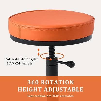 Vintage Short Bar Stools Industrial Swivel Counter Stools 17-24inch Height Adjustable Rustic Leather PU Seat Chairs for Kitchen Island Extra Seat Beside Sofa (Bright Orange)