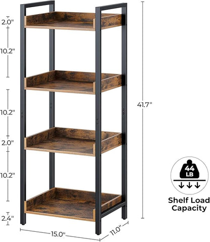 Rolanstar Bookshelf, 4-Tier Storage Rack, Narrow Corner Bookshelf, Display Wooden Shelves for Living Room, Bathroom, Balcony, Kitchen,Rustic Brown