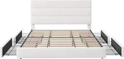 Allewie Modern King Size Platform Bed Frame with 4 Storage Drawers and Velvet Upholstered Headboard, Wooden Slats Support, Upholstered Mattress Foundation/No Box Spring Needed/Easy Assembly, White