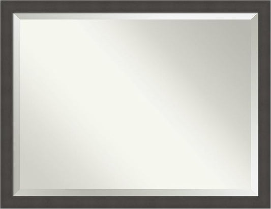 Amanti Art Silver Bathroom Mirror for Over Sink, 34x44 Blaine Light Pewter Narrow Rectangle Vanity Mirror, X-Large Modern Contemporary Frame, Hangs Horizonally and Vertically, Bathroom Wall Decor