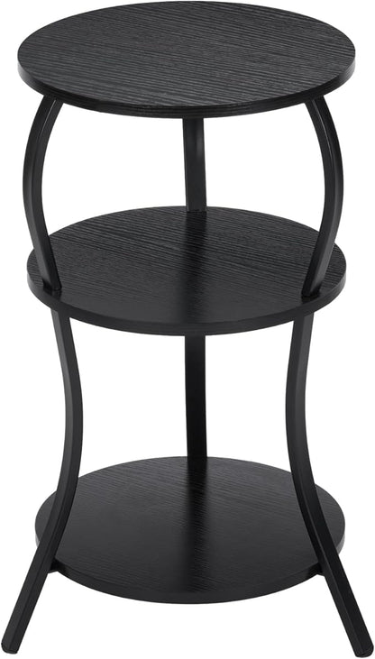 Vintage Small Round Side Table, 3-Tier Slim Waist Circular End Table with Storage Shelf, Compact Tea Sofa Side Table, Round Corner Coffee Table Nightstand for Living Room Bedroom Small Spaces,Black