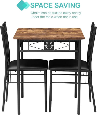 VECELO 3-Piece Dining Room Wooden Kitchen Table and Pu Cushion Chair Sets for Small Space, Retro Brown