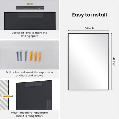 Melodieux Wall Vanity Bathroom Mirror for Over Sink, 30"x40" Rounded Rectangle Metal Deep Frame Wall Mounted Mirror Wall Decor for Living Room Hallway, Black