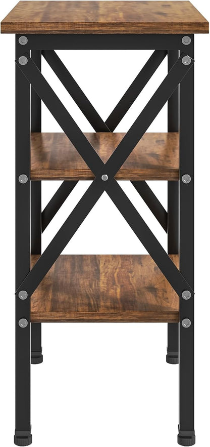 VECELO End Table Set of 2, Bedside Table, 24" Tall Living Room End Tables, X-Design Reinforced Nightstands, Side Table with 3-Tier Storage Shelves for Small Spaces, Office, Bedroom, Rustic Brown