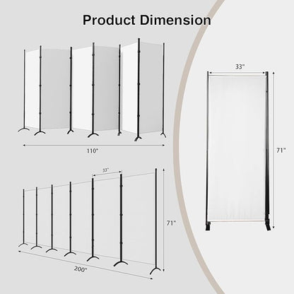 Room Divider 6-Panel Privacy Screen, Portable Screen Steel Frame with Hook&Loop for Home, Office, Classroom, Studio, Meeting (White)