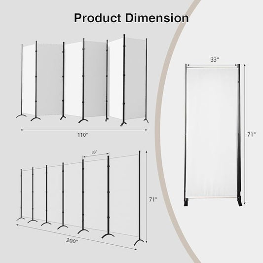Room Divider 6-Panel Privacy Screen, Portable Screen Steel Frame with Hook&Loop for Home, Office, Classroom, Studio, Meeting (White)
