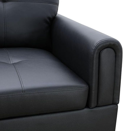 Black White L-Shaped 3-Piece Faux Leather Sofa with Storage Ottoman Set, Sectional Couch Sofa Set for Living Room, Office, Small Space