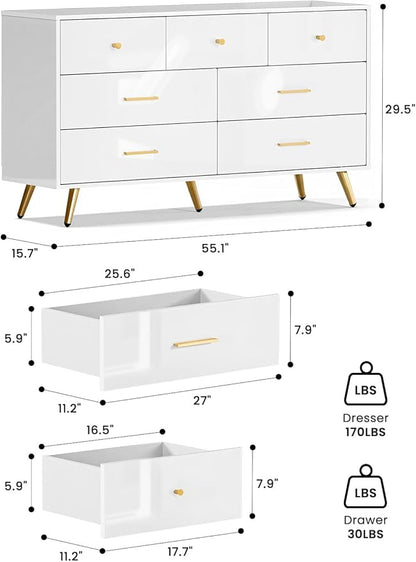 7 Drawer Dresser for Bedroom - White & Gold Chest of Drawers, High Gloss MDF Organizer Storage with Drawers with Golden Handles, Wide Storage Dresser for Bedroom