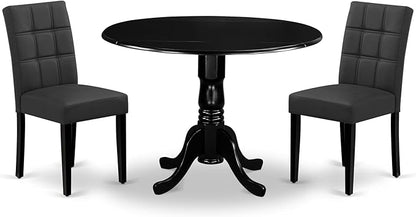 East West Furniture DLAS3-BLK-12 3 Piece Dining Table Set contain A Wood Table and 2 Dark Gray Polyester Fabric Dinner Chairs with Stylish Back- Black Finish