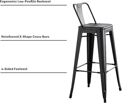AC Pacific Modern 30” Metal Barstool Set of 2 – Country Rustic Style with Low Back, Lightweight & Sturdy Build, Easy Assembly, Distressed Black