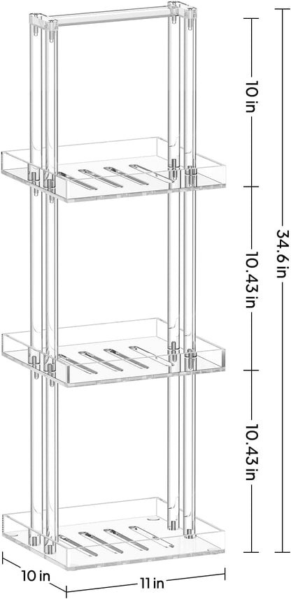 Aquiver Acrylic Standing Shower Caddy - 3 Tier Shower Organizer Stand with Handle - Corner Shower Caddy for Inside Bathroom, Bathtub, 11'' L x 10'' W x 34.6'' H, Clear