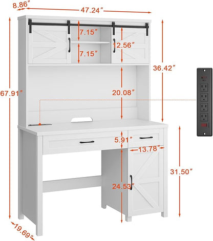 Farmhouse 47" Executive Desk, Computer Desks with 2 Drawers and Storage Cabinet, Home Office Desk with Hutch and Charging Station, Workspace for Work and Study. (Cream White)