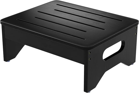 Wooden Step Stool for Adults & Kids, Non-Slip Rubber Feet, 6.5 Inch High, Lightweight Small Step, 400 Lbs Capacity, Bed Step Stool for High Bed, Bathroom & Kitchen, Black