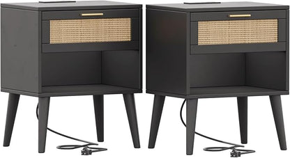Irontar Nightstand Set of 2, Bedroom Night Stand with Charging Station & Rattan Drawer, Boho Style Bed Side Tables with Solid Legs, Accent End Table with Open Storage, Black and Natural BZZ007BME02