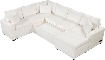 112" Luxurious Pull-out Sofa Bed Sleeper with Storage Ottoman,Sectional Sleeper Couch W/ 3 Pillows,2 USB ports & 2 Power Sockets,Corner Furniture Set for Living Room Large Space,Cream Chenille