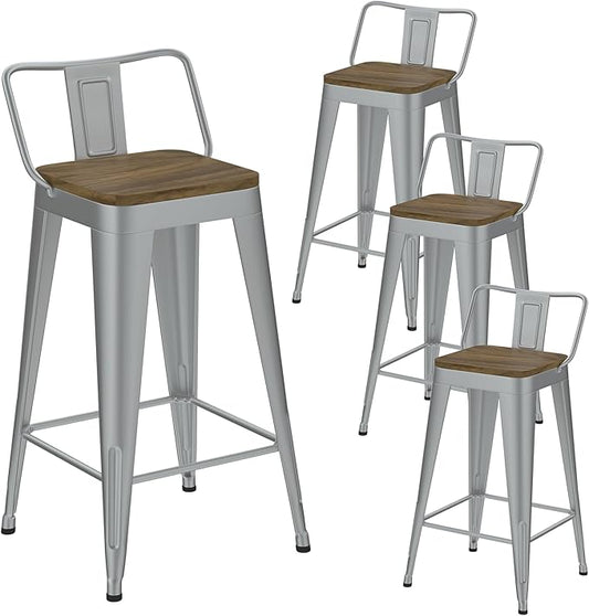 Silver Bar Stools Set of 4, Metal Bar Stools with Wooden Seat, Modern 26”Counter Height Barstools with Low Back