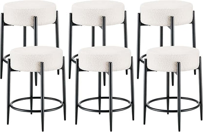 Dining Room Chairs Set of 6, 23.6" Sherpa Backless White Boucle Dining Chair with Black Metal Legs, Mid Century Modern Living Room Round Upholstered Chairs
