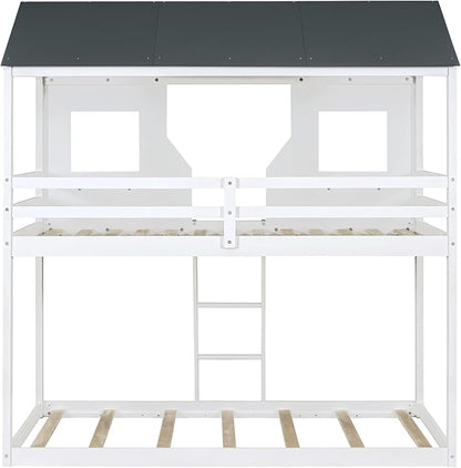 Ball & Cast Twin Over Twin Size Playhouse Bunk Bed with Roof and Window,Wood Bunkbed w/Full-Length Guard Rail & Ladder,Slat Support,Space Saving,Bedroom Furniture for Student Dorms,White