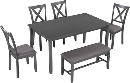 SogesPower 6-Piece Kitchen Dining Table Set for 4-6,Rectangular Dining Table with 4 Fabric Chairs & 1 Bench for Dining Room Living Room,Gray
