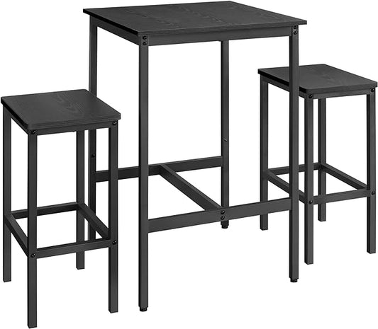 VASAGLE Bar Table and Chairs Set, Square Table with 2 Stools, Dining Pub Set for 2, Space Saving for Kitchen Breakfast, Living Room, Party Room, Ebony Black and Ink Black