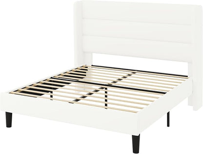 Allewie Queen Size Platform Bed Frame with Velvet Upholstered Wingback Headboard, No Box Spring Needed, Under Bed Storage Space, Strong Wooden Slats, Modern Mattress Foundation, Easy Assembly, White