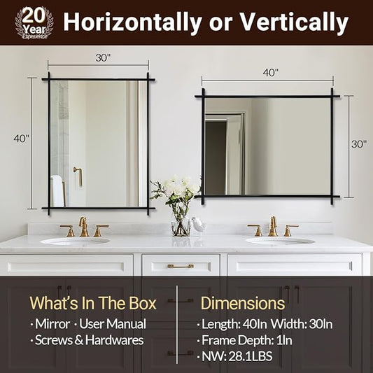Andy Star 30x40 Inch Black Bathroom Vanity Mirror, Large Vintage Cross Corner Mirror Unique Industrial Minimalist for Home Decor in 1’’ Stainless Steel Metal Frame Wall Mounted Vertical/Horizontal