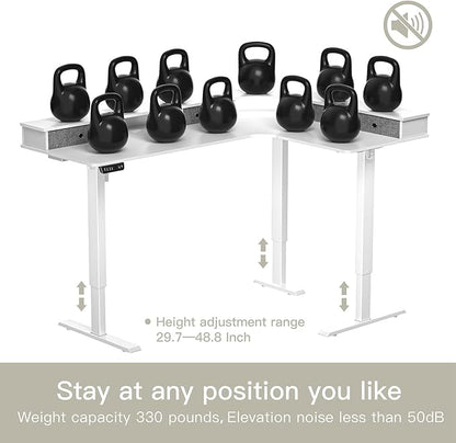 67" L Shaped Standing Desk, Electric Height Adjustable Corner Table with Drawers, Modern Standing Gaming Desk with Monitor Stand for Home Office Entertainment, Snow White