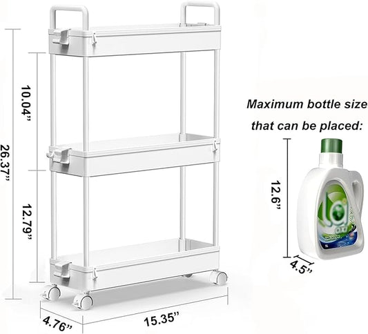 SOLEJAZZ Slim Rolling Storage Cart with Wheels 3 Tier Skinny Bathroom Storage Organizer Thin Laundry Room Utility Cart Space-Saving for Bedside Kitchen Office Small Narrow Places, White