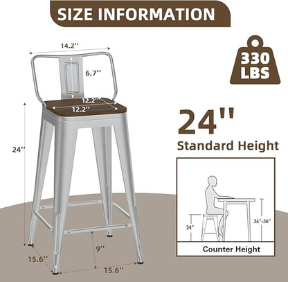 24 Inch Swivel Bar Stools Set of 4, Counter Height Bar Stools with Low Back, Metal Industrial Bar Chairs for Kitchen Island (Silver)