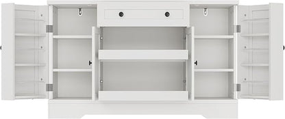 55" Buffet Cabinet with Storage, Kitchen Buffet Sideboard with Pull-Out Shelves and Drawer, Wood Farmhouse Coffee Bar Cabinet with 4 Adjustable Shelves, Kitchen Pantry for Living Room, White