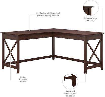 Bush Furniture Key West 60W Modern Farmhouse L Shaped Desk in Bing Cherry | 60-Inch Corner Table for Home Office