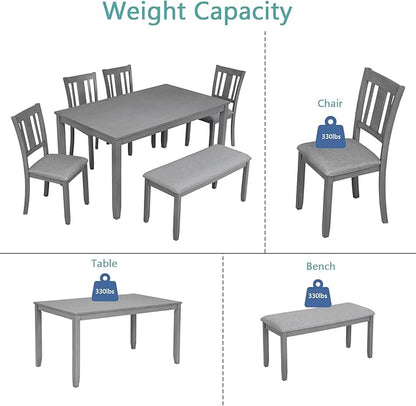 soges 6 Piece Kitchen Dining Table Set, Wooden Dining Table with 4 Upholstered Chairs and a Bench for 6 People, Living Room, Home and Kitchen, Table Chairs Set, Grey