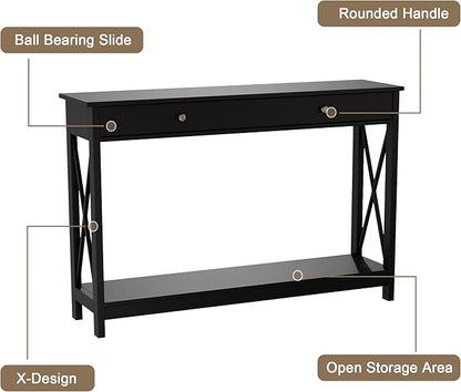 Treocho 47" Farmhouse Console Table with Drawer and Storage Shelves, Foyer Sofa Table Narrow for Entryway, Living Room, Hallway, Black