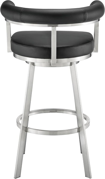 Armen Living Magnolia Swivel Bar Stool in Brushed Stainless Steel with Black Faux Leather