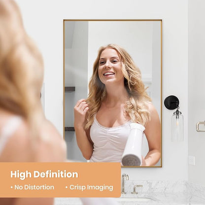 Melodieux Wall Vanity Bathroom Mirror for Over Sink, 24"x36" Rounded Rectangle Metal Deep Frame Wall Mounted Mirror Wall Decor for Living Room Hallway, Gold
