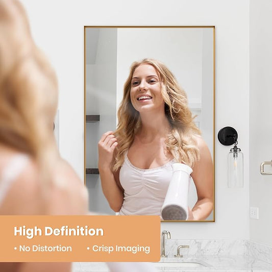 Melodieux Wall Vanity Bathroom Mirror for Over Sink, 24"x36" Rounded Rectangle Metal Deep Frame Wall Mounted Mirror Wall Decor for Living Room Hallway, Gold