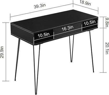 VECELO 39.3" Home Office Work Table with Drawers,Computer Desk with Hairpin Leg for Writing/Study,Black