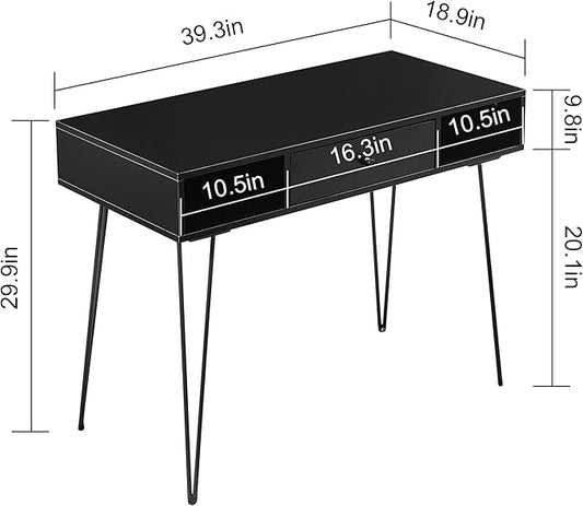 VECELO 39.3" Home Office Work Table with Drawers,Computer Desk with Hairpin Leg for Writing/Study,Black