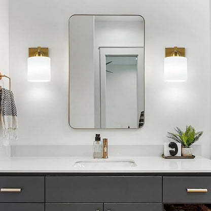 Gold Milk Glass Wall Sconces, 1 Pack Hardwired Indoor Wall Light Fixtures for Living Room, Hallway, Bedroom, Ceramic E26 Sockets (Bulbs Not Included)