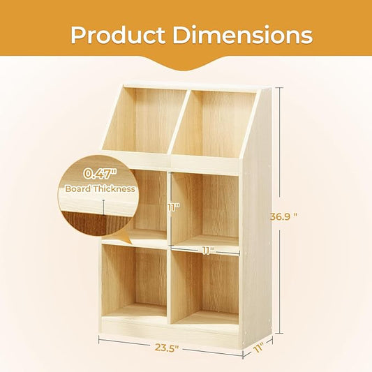 6-Cube Wooden Storage Bookcase - 11-Inch Open Shelf Cabinet, Simple Modern Bookshelf Organizer for Home Office, Living Room, Oak