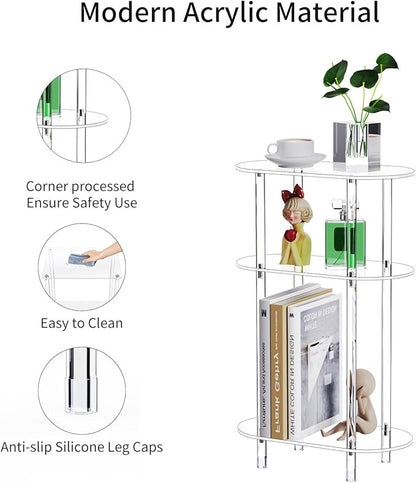 Clear Acrylic Narrow Side Table Set of 2 for Small Spaces, 15.75" L x 7.87" W x 24.6" H, 3 Tier Oval Slim End Table Nightstand, Small Skinny Bedside Table for Bedroom, Bathroom, Living Room