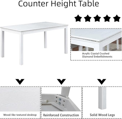 Dining Table Set for 5, 6 Piece Dining Room Table Set with Rectangular Crystal Decoration Table, 4 Upholstered Backrest Chairs and Bench, Counter Height Kitchen Sets with MDF Tabletop, White