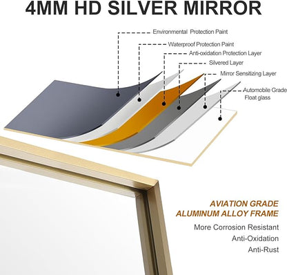 30x30 Inch Gold Bathroom Mirror - Copper-Free Mirror, Aluminum Alloy Frame Vanity Rectangle Wall Mounted Modern Mirror for Bedroom/Living Room/Porch Horizontal or Vertical