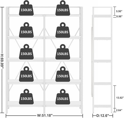FATORRI Bookshelves and Bookcases, 5 Tier Tall Wood Metal Bookshelf, 51in Wide Bookcase Modern Shelving Unite for Home Office, Living Room, Bedroom (White Oak)
