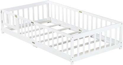 Twin Floor Bed Frame with Slats and Safety Guardrail, Wood Twin Size Montessori Floor Bed with Door and Fence, Easy Assemble Montessori Beds for Kids, Girls, Boys, White