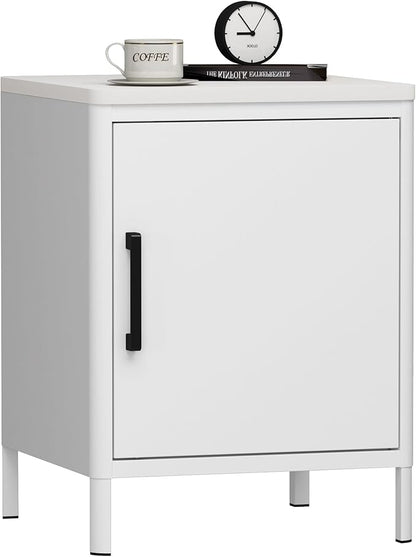 Nightstand with 1 Door, Metal Side Table with Wooden top for Bedroom, Living Room and Dorm 15.75 x 15.67 x 21.26 Inches (1 Door, Cream)