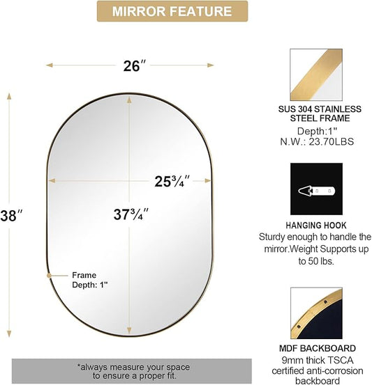 ANDY STAR Oval Mirrors for Bathroom, 26x38 Inch Gold Oval Mirror, Oval Brass Mirror Pill Shaped Stainless Steel 1’’ Deep Metal Frame Mirror Hang Vertically & Horizontally Ideal for Limited Space